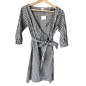 Womens Gingham Country plaid wrap dress long sleeve black white XS.